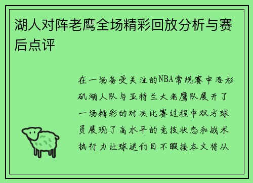 湖人对阵老鹰全场精彩回放分析与赛后点评